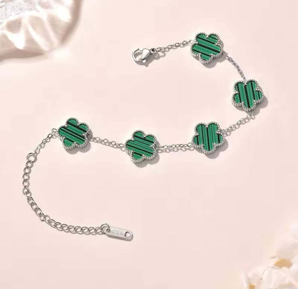 Double Sided Green Clover Silver Bracelet